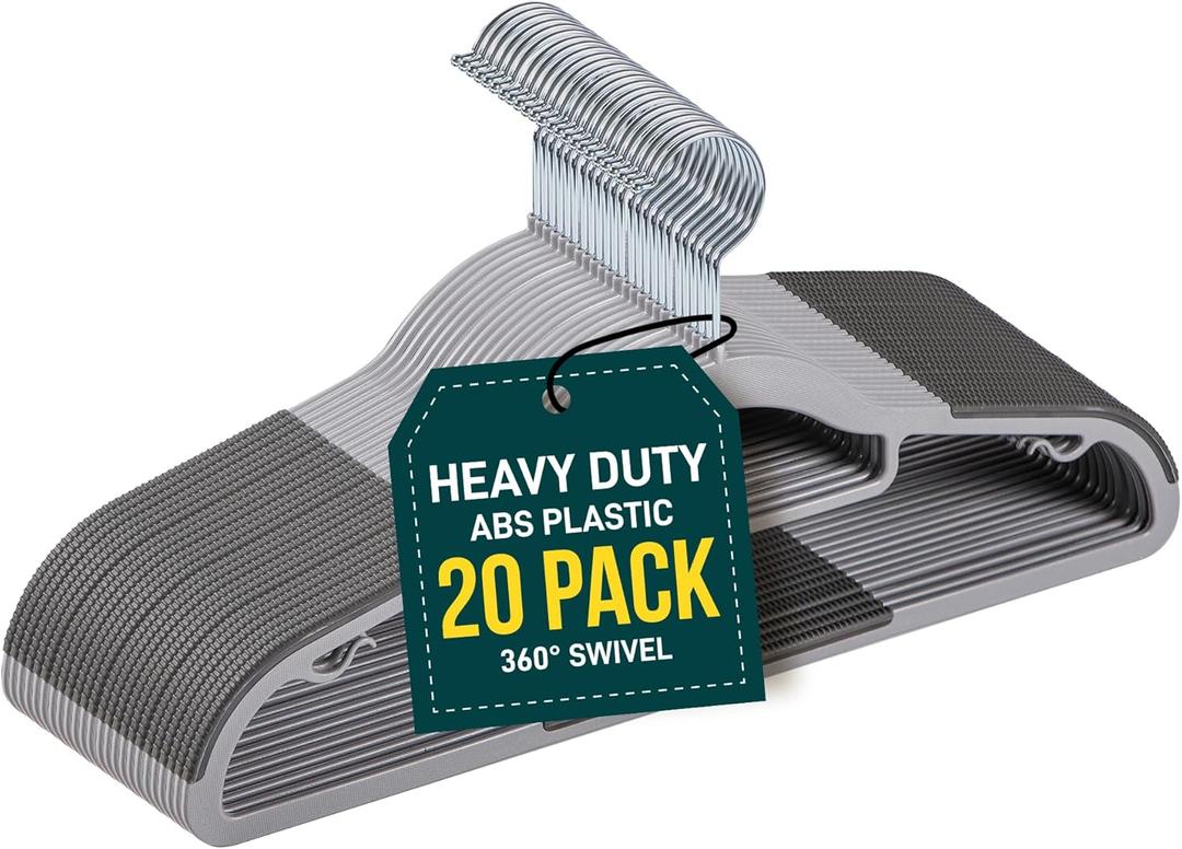 Plastic Clothes Hanger Set - 20 Pieces Versatile, Lightweight, Space-Saving, Non-Slip, Slim Designed, Dry and Wet Clothes Hanger Set with 360 Swivel Hook and Rubber Coating - Gray  
