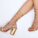 GENSHUO Square Toe Sandals Women Lace up Chunky High Heels Strappy Sandals Block Heeled Ankle Wrap Homecoming Wedding Dress Shoes Gold, Size 9.5