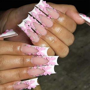 IMSOHOT Press on Nails Long Square Fake Nails White French Tips Acrylic False Nails with Pink Flower & Bow Designs Glossy Glue on Nails for Women Girls DIY Manicure Decorations 24Pcs