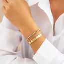 NEWITIN 3 Pieces Women Gold Watch Bracelets Set Fashion Costume Jewelry Stainless Steel Gold Plated Square Wristwatch Diamond Bangle Bracelet Watch Jewelry Set for Women