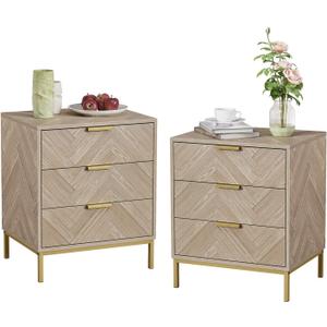 Anmytek Nightstand Set of 2 with 3 Drawers, Modern Night Stand for Bedroom, Wood End Table, Square Bedside Table for Sofa, Natural Oak