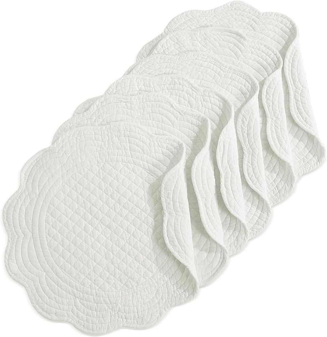 HOMBYS Quilted Placemats Set of 6 Washable Round Placemats for Kitchen Table-100% Cotton Fabric 14 Inch Round Table Mats, Cotton Fabric with Microfiber Filling, (14"x14", Cream White)