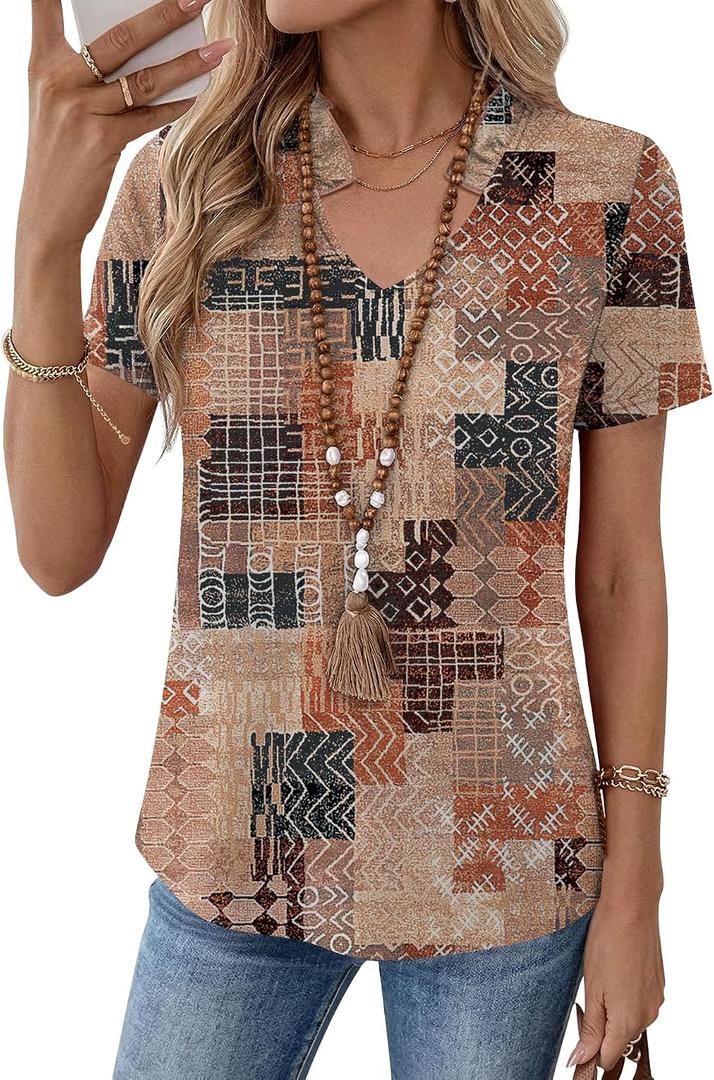 Kistore Womens Summer Tops Short Sleeve V Neck Casual Shirts Beach Vacation Dressy Work Blouses (Brown, S)