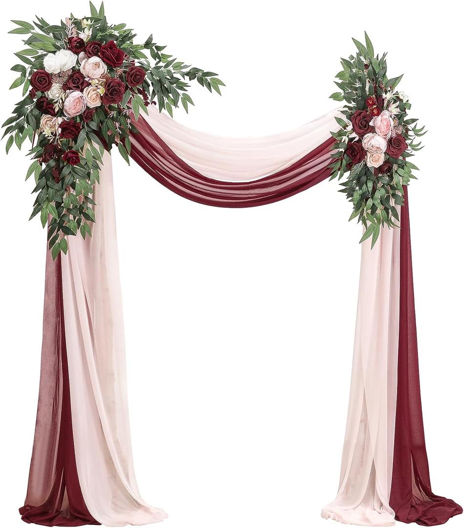 Floroom Arch Flowers with Drapes Kit (Pack of 4) - 2pcs Artificial Burgundy & Blush Floral Swag Arrangement with 2pcs Draping Fabric for Wedding Ceremony Arbor and Reception Backdrop Decoration