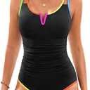 Womens One Piece Swimsuit Tummy Control - Slimming Bathing Suit V Wired Full Coverage 2025 Swimwear (Medium, Colorful Black)