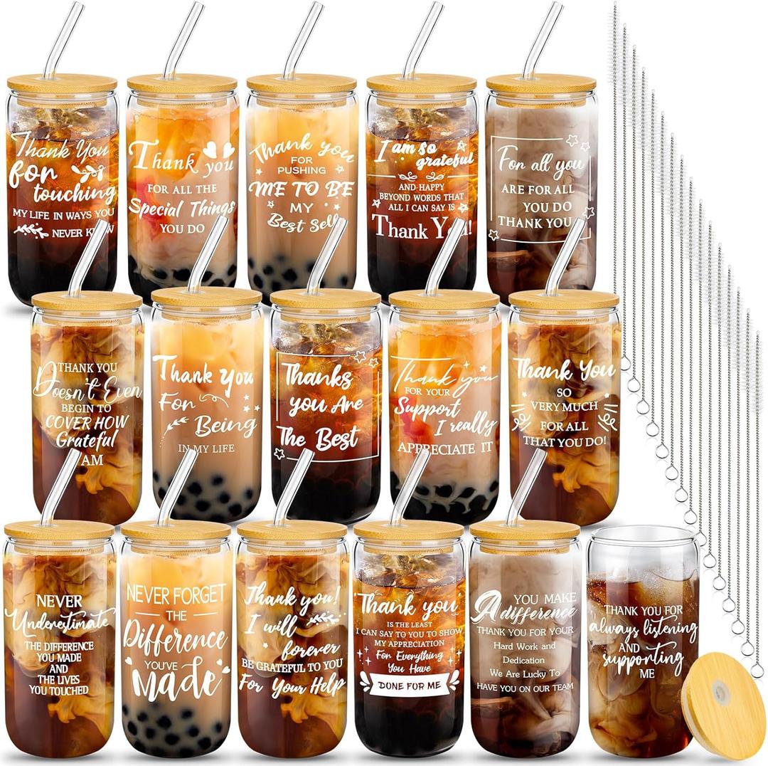16 Set Appreciation Gifts for Employee Coworker Staff Thank You Christmas Team Gifts 16 oz Can Shaped Beer Glass with Lids Straws Brushes for Teacher Nurse(Thanks)