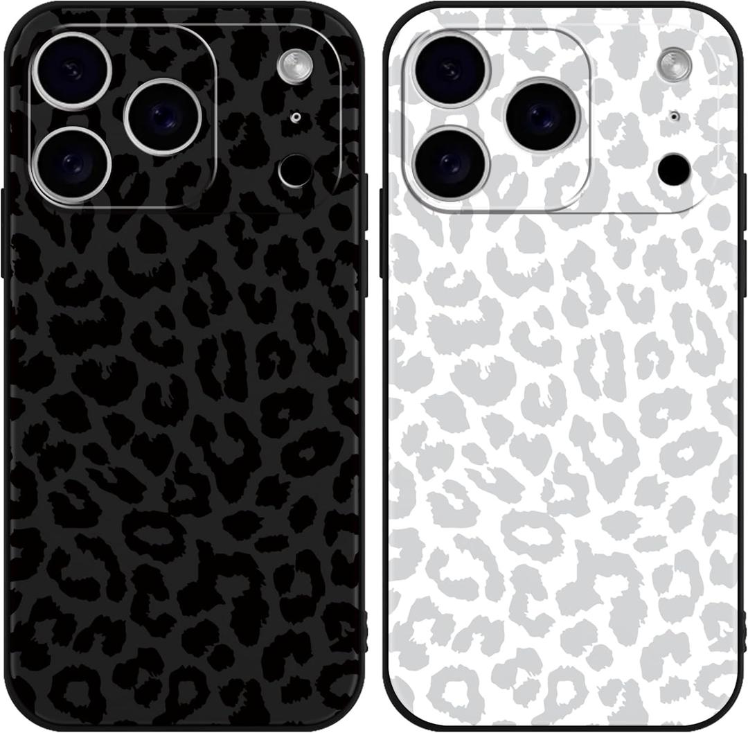 2 Pack Cute Cheetah Print for iPhone 17 Pro 6.3 Inch Phone Case, Luxury Leopard Pattern Design Cases Soft Silicone Slim TPU Shockproof Protective Cover for Women Girls-Black & White