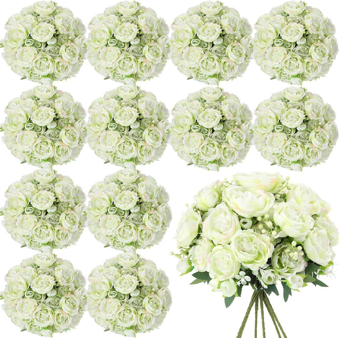 Geosar 16 Bundles Artificial Peonies Flowers Fake Silk Peony Bouquet Faux Peonies Flowers Bulk for Decoration Vase Floral Arrangements Wedding Party Table (Green)
