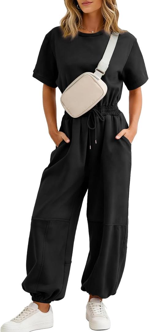 Flygo One Piece Jumpsuits for Women Crewneck Short Sleeve Casual Wide Leg Long Pants Drawstring Rompers Outfits with Pockets (Black, Small)