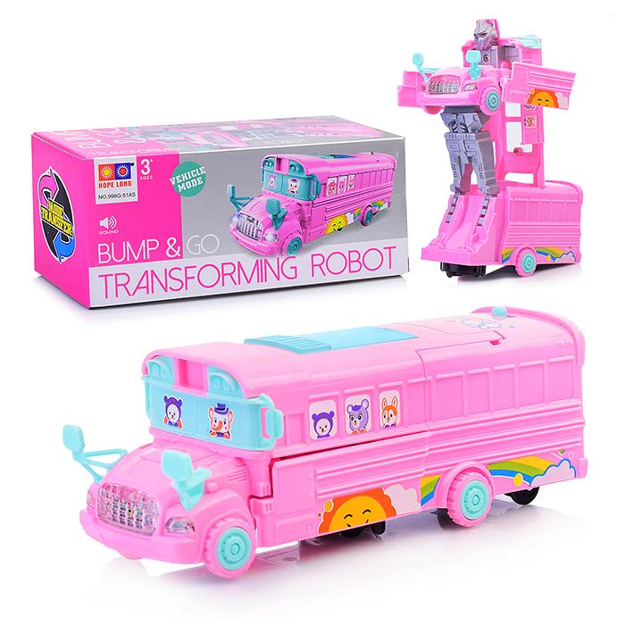 Transforming Robot Bus Toy for Kids, Bump & Go Musical School Bus with Lights & Sound, Automatic 2-in-1 Robot Car Toy Vehicle for Toddlers Boys Girls Age 3+ (Pink), 3 AA Batteries Required