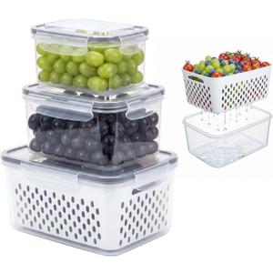 Fruit Storage Containers for Fridge, Grape Organizers with Removable Colander, 3-Pack No-Leak Design, Durable and Easy to Clean, Keeps Grapes Fresh, Perfect for Fridge Storage and Organization