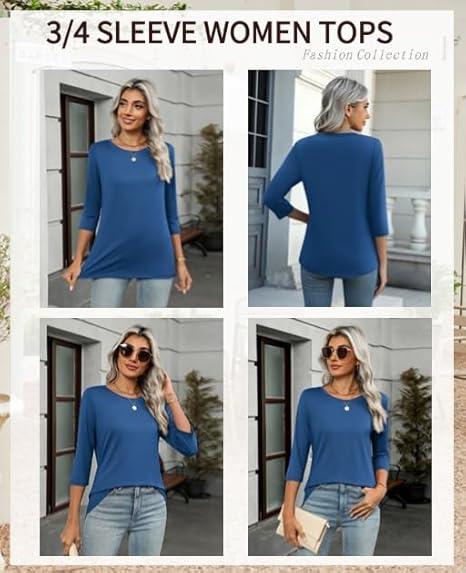 Zeagoo Tops for Women 1 Pack 3/4 Sleeve Crewneck Cute Basics Tees Casual Fashion Fall T Shirts Business Work Tee Top (Blue)