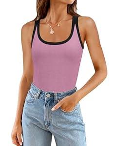 ZESICA Women's Summer Ribbed Color Block Tank Tops Casual Knit Scoop Neck Sleeveless Shirts Pink Purple, Large