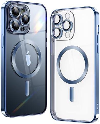 SKYLMW Matallic Glossy Clear for iPhone 14 Pro Case Compatible with MagSafe with Plating Full Camera Protection[Strong Magnetic Attraction]Slim Phone Case Shockproof for Women Girls(6.1")-Sierra Blue