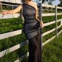 Memoriesea Women's Sexy One Shoulder Mesh Ruched Bodycon Formal Cocktail Maxi Dress (Black)