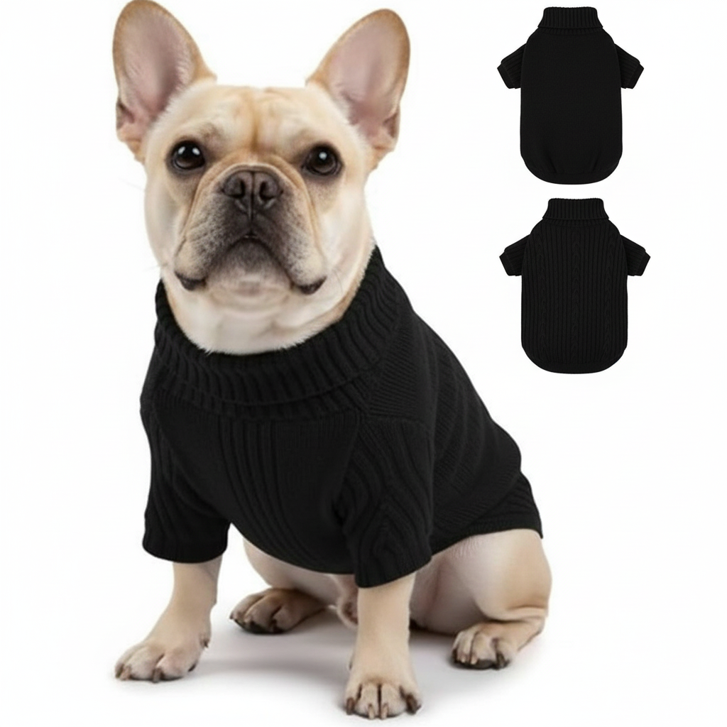 Dog Sweaters Pet Cat Warm Knitted Cozy Fall Winter Puppy Cold Clothes, Soft Classic Turtleneck Knitted Dog Pullover Sweater for Pug, Bulldog, Dachshund (Black, S)