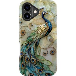 for iPhone 17 Case - Wireless Charging Compatible - Dual-Layer Hard Shell + Silicone Cover - Shockproof Protective Phone Case with Stylish Designs for Women - Peacock and Flower