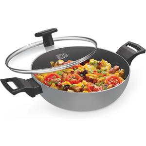 Black Pearl Non-Stick Kadai with Glass Lid & Handles, 26 cm 3.4 Litre, Induction Base & Gas Compatible, 3 Layer Cookware for Cooking, Frying, Serving Kadhai