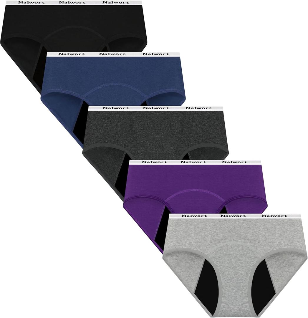Nalwort Womens Period Underwear Menstrual Period Panties Postpartum Cotton Panties 5 Pack (Large, Color-6)