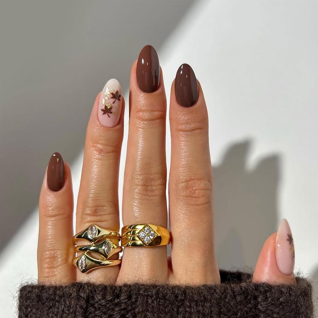 24Pcs Press on Nails Short Almond Fake Nails Fall Brown Nails Press Ons with Gold Glitter Design Maple Leaf Stick on Nail Glossy Full Cover False Nail DIY Glue on Nail for Women and Girls