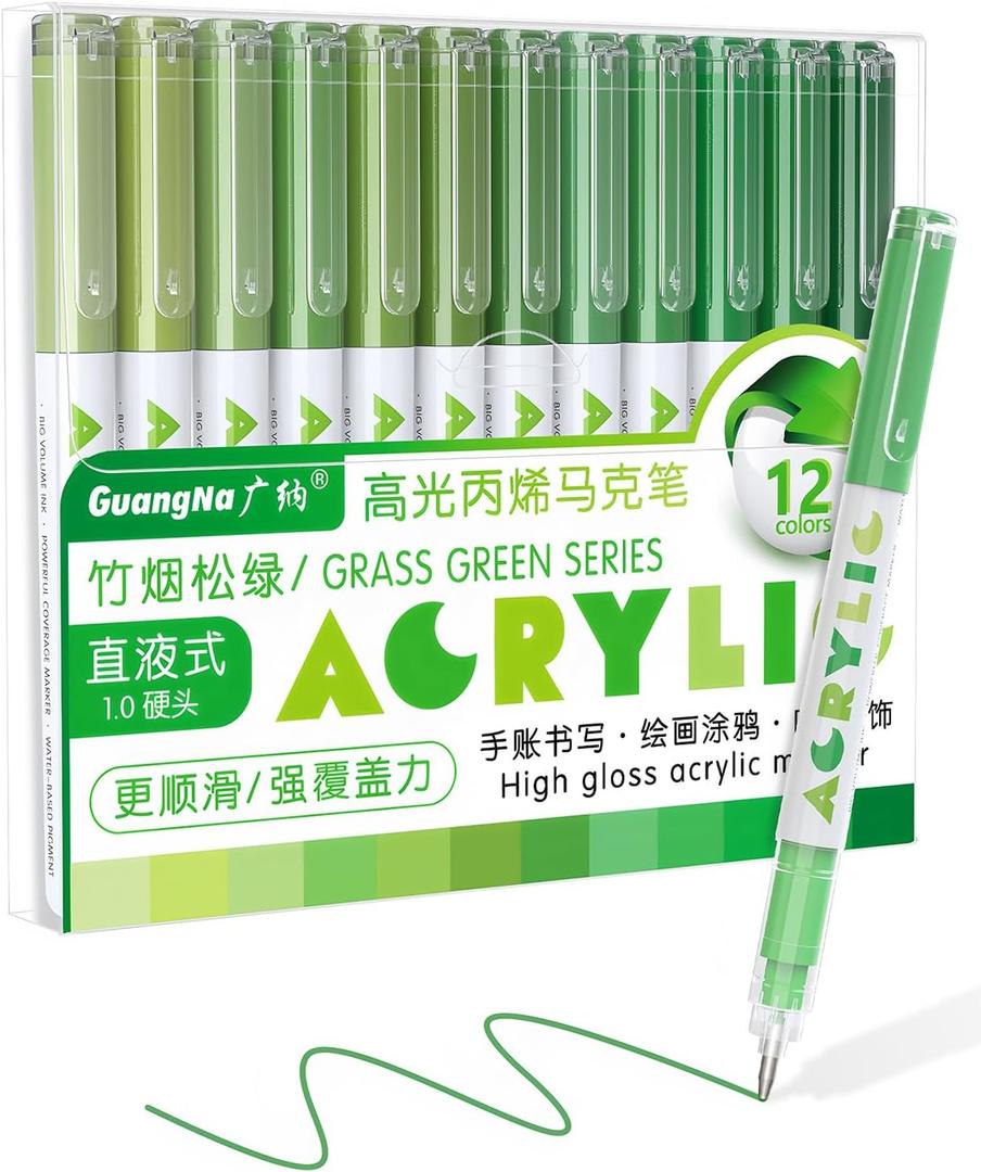 Guangna Acrylic Gel Pens 12 Color, Colored Pens for Journaling, Coloring Books, Calligraphy, Note Taking & DIY Crafts, RollerBall Pen Tip (Green)