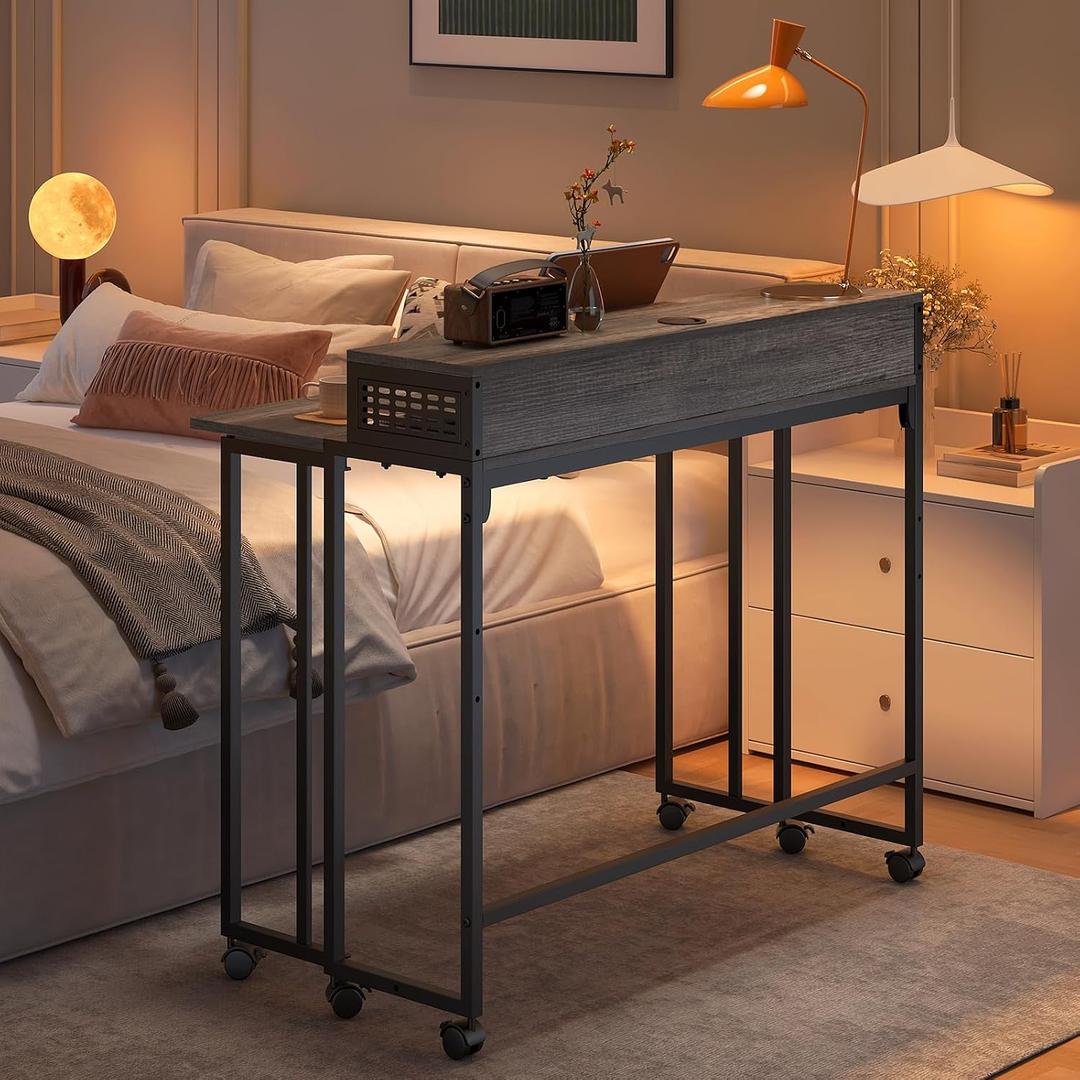 Gezen Folding Desk with Storage Shelf, Small Rolling Desk with Wheels, Mobile Sofa Side Table Bed Desk for Home Office Small Space, Dark Grey, 39.4"
