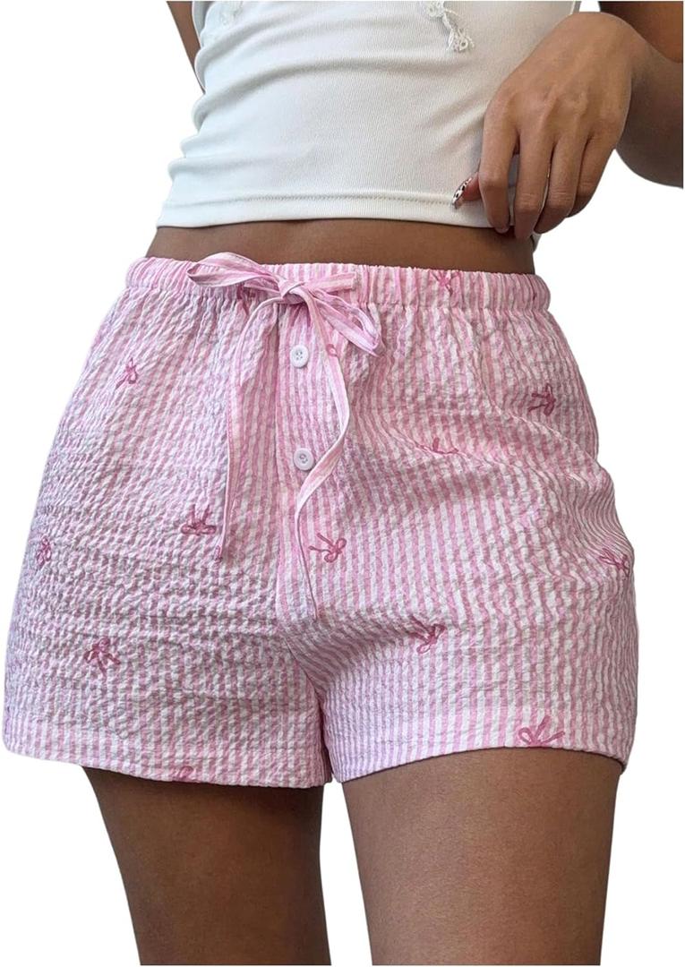 SOLY HUX Women's Striped Print Drawstring Waist Bowknot Straight Leg Cute Lounge Shorts Summer Clothes (Pink, S)