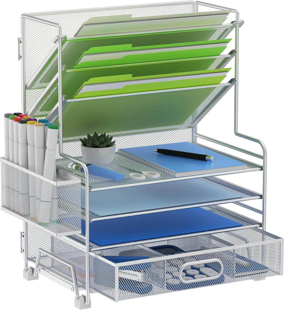 MINDEPOT 4-Tier Paper Organizer + 3-Pocket File Holder + Drawer + Pen Holders, Desktop File Organizers Paper Tray for Office Supplies School Classroom Organization (Silver, with Drawer & Pen Holder)
