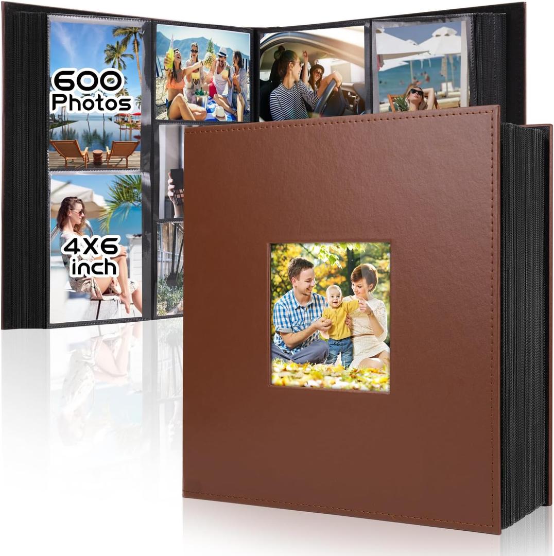 Colemoly Photo Album 4x6 600 Photos Leather Cover Large Capacity Album with Window Design Holds 600 Pictures of Family, Storing Precious Memories(Brown, 600 Pockets)
