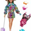 Barbie Doll & Accessories Set, Holiday Fun Summer Travel Fashion Doll, Blonde with Rainbow Jogger Top & Shorts, Swimsuit, Luggage & More