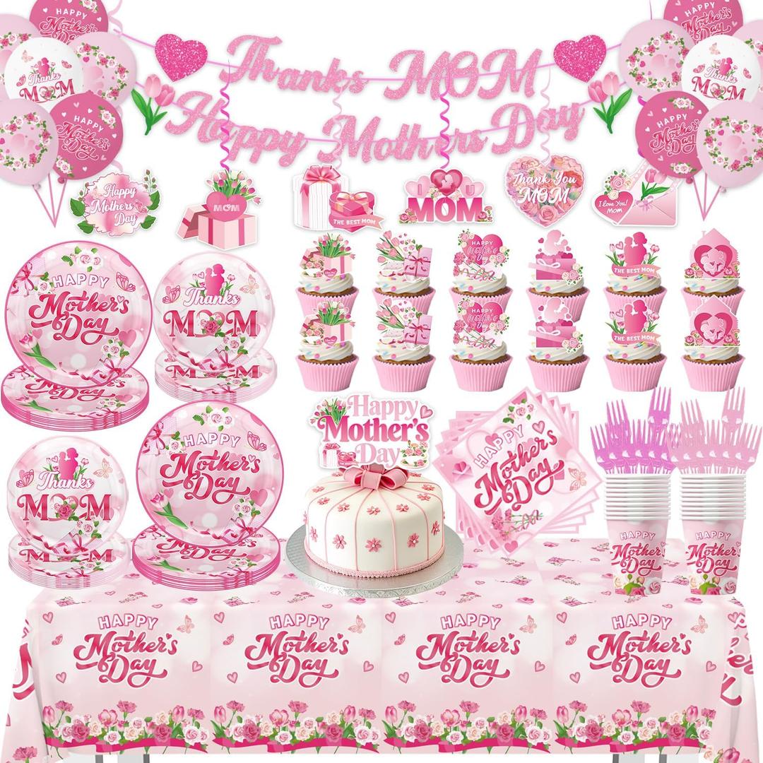 133Pcs Mothers Day Decorations, Happy Mothers Day Party Set with Plates, Napkins, Cups, Tablecloth, Banner, Balloons, Cake Topper, Cupcake Toppers for Mom Birthday Party, Serves 20 Guests
