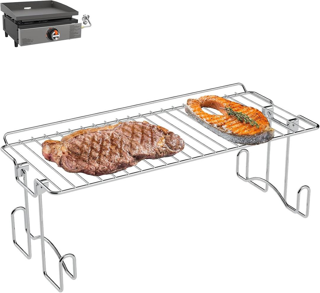 DcYourHome Griddle Warming Rack Compatible with 17" Blackstone Griddles, Portable and Adjustable Stainless Steel Rack for Blackstone Griddle Stand 17 Inch Accessories, One-Step Clip On Attachment
