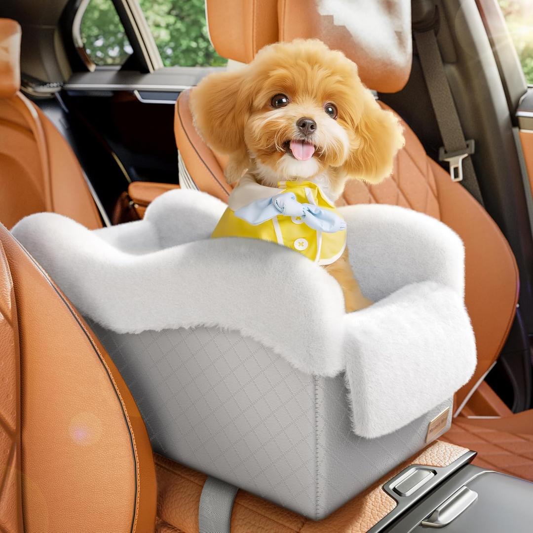 Portable Small Dog Seat for Car, Luxury Center Console Dog Car Seat Booster with Safety Tethers, Anti-Collapse Pet Travel Carseat for SUV, Truck (Light Grey/White)