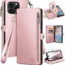 XcaseBar Compatible with iPhone 16 Pro 6.3" Wallet case with Zipper Credit Card HolderRFID Blocking,Flip Folio Book PU Leather Phone case Shockproof Cover Women Men for Apple 16 Pro case Rose Gold