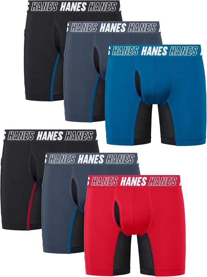 Hanes Big Moves Underwear, Anti-Chafe Boxer Briefs for Boys, 6-Pack, Black-Regular Leg, L