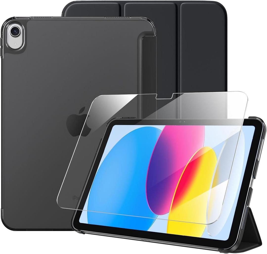Mastten for iPad (A16) 11th Generation Case 11 Inch 2025 with Screen Protector, iPad 10th Generation Case 10.9 Inch 2022 Cute Slim Hard Translucent Back Full Protective Trifold Stand Cover, Black