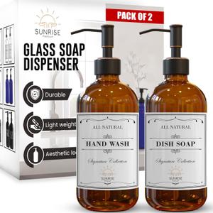 2 Pack Amber Glass Soap Dispenser 16 OZ with Oil Rubbed Bronze Stainless Steel Pump, Hand and Dish Soap Dispenser Set for Bathroom and Kitchen Sink with 6 Waterproof Labels