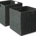 Set of 2 Hand-Woven Paper Rope Wicker Baskets, Storage Basket, Foldable Cube Storage Bins, Green Storage Cubes, Square Baskets for Organizing Shelves, 12x12x12in
