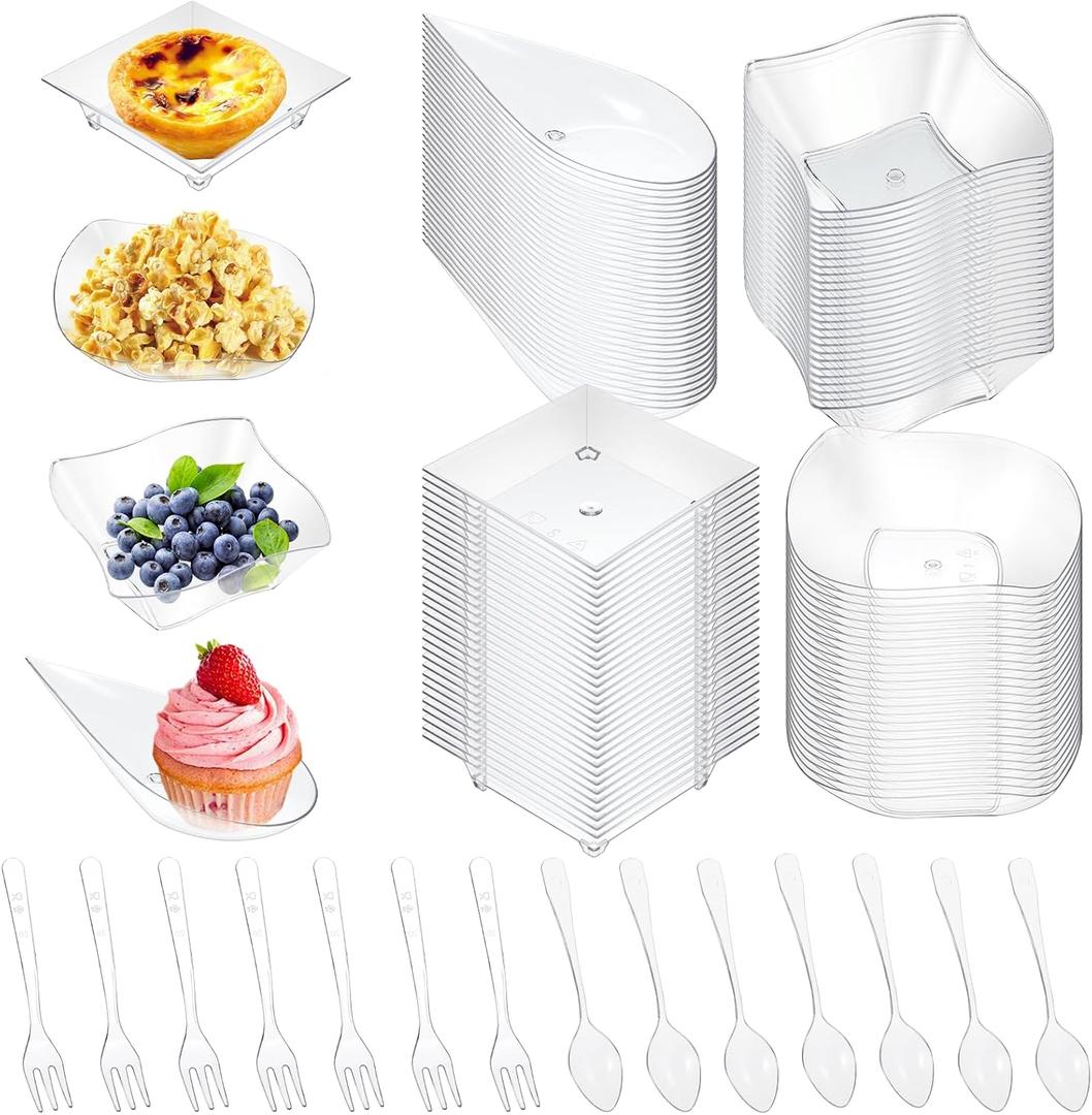 200 Pcs Mini Appetizer Plates with Spoons Forks, Clear Plastic Dessert Plates Small Disposable Appetizer Plate for Dessert Sauce Snacks, for Party Birthday Wedding