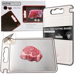 Stainless Steel Chopping Board for Kitchen - 14"x9.8" Double Sided Large Cutting Board for Meat/Vegetables, Scratch-Resistant Chopping Board with Built-in Knife Sharpener,Juice Grooves & Handle(Large)