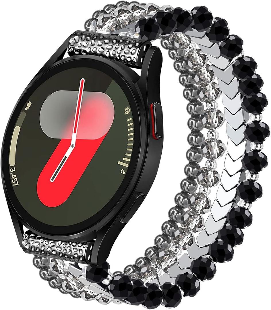 VISOOM Beaded Boho Bracelet Compatible for Samsung Galaxy Watch 7/6/5/4 40/44mm Bands/Active 2 Watch 4 Classic 42mm Band Women, 20mm Handmade Cute Elastic Crystal Beads Bracelet for Galaxy Watch 5 pro (Black)
