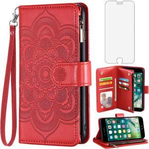 Asuwish Phone Case for iPhone 7plus 8plus 7/8 Plus Wallet Cover with Tempered Glass Screen Protector and Flip Credit Card Holder Stand Cell Accessories i Phone7s 7s + 7+ 8s 8+ Phones8 7p 8p Women Red