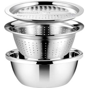 Stainless Steel Grater with Drain Basket 3-in-1 Multipurpose Vegetable Cutter Salad Bowl Kitchen Strainer and Shredder 10.2 Inch