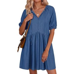 Dokotoo Denim Dress for Women Short Puff Sleeve V Neck Solid Babydoll Jean Dresses (Green, L)