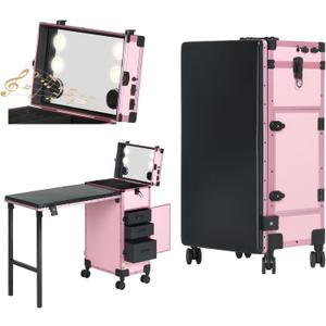 Rolling Portable Manicure Table with 3 Drawers, Lockable Makeup Train Case with Mirror, Foldable Nail Desk with Wheels & Handle, Mesa de Uas Profesional para Nail Techs & Salon Use, Pink