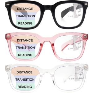 3 Pack Progressive Multifocal Reading Glasses For Women,Rectangle Frame + Wide-curved Temples With Spring Hinge