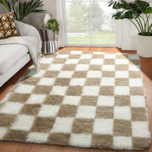 KICMOR Area Rugs for Bedroom Living Room, 4x6 Fluffy Soft Beige and Cream White Checkered Rug Fuzzy Shag Shaggy Carpet, Indoor Plush Rugs for Kids Boys Girls Dorm Nursery Office Home Decor Aesthetic (4' x 6', Beige / Cream White)