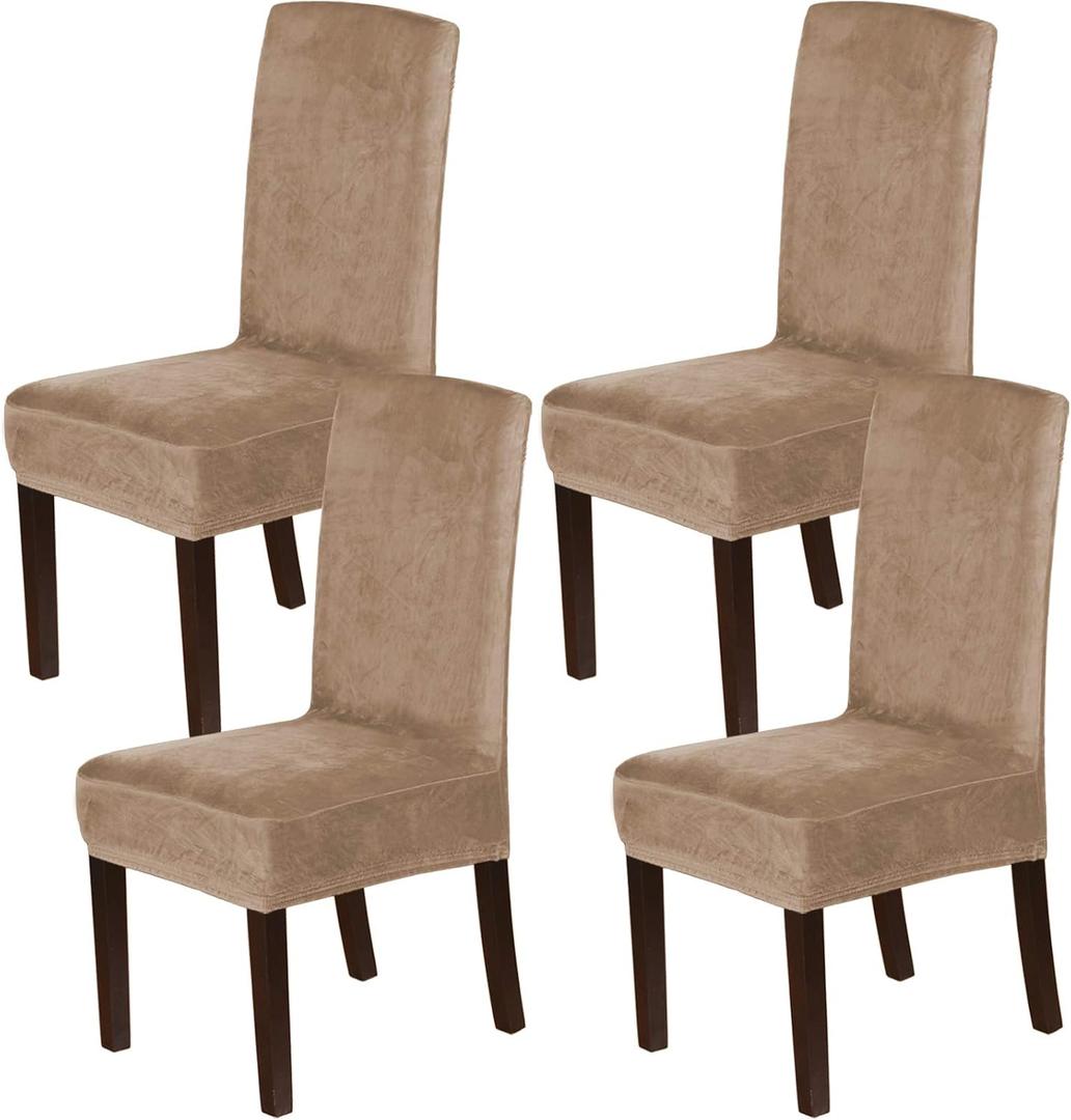 H.VERSAILTEX Velvet Dining Chair Covers Stretch Chair Covers for Dining Room Set of 4 Parson Chair Slipcovers Chair Protectors Covers Dining, Soft Thick Solid Velvet Fabric Washable, Camel