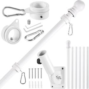 White Flagpole Kits, 7 FT Thickened Stainless Steel House Porch Wall Flag Pole Kit for 3x5'/4x6' Flag, 1" Anti-Wrap Spinning Flag Pole Ring Clips & 180 Adjustable Multi-Position Bracket Holder