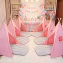 Wilwolfer 6 Pack Sleepover Tents for Kids Party, Tipi Foldable Play Tent with Inflatable Airbeds, Indoor Slumber Party Tent for Girls, Pink